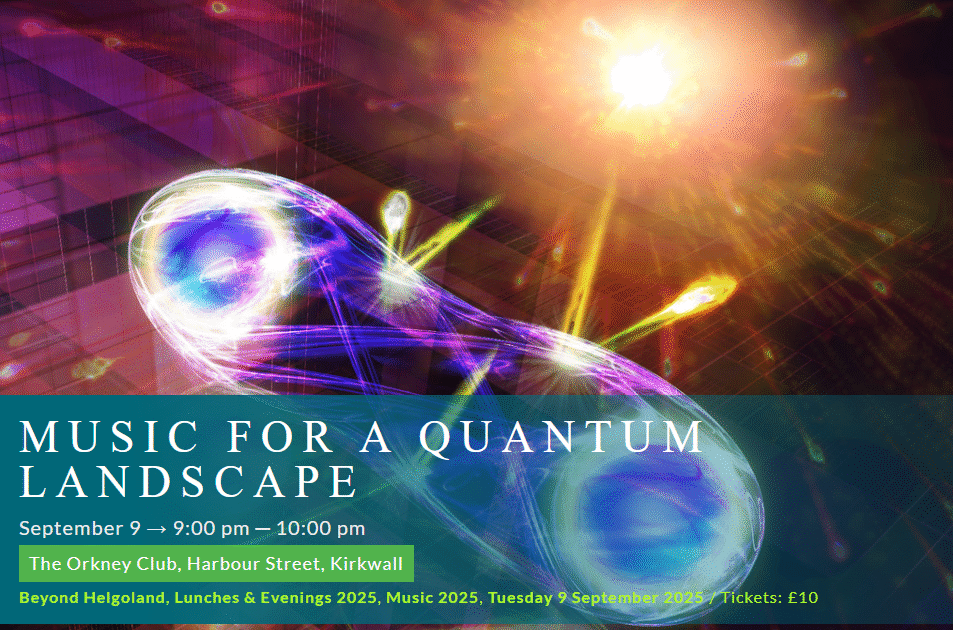 For decoration only. Abstract image, courtesy of Professor Mehul Malik at Heriot-Watt University. The image is a graphic representation of two photons that are bound together against a backdrop of light. At the bottom of the image there is a banner with practical information about the event, including the title, date and venue.