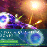 For decoration only. Abstract image, courtesy of Professor Mehul Malik at Heriot-Watt University. The image is a graphic representation of two photons that are bound together against a backdrop of light. At the bottom of the image there is a banner with practical information about the event, including the title, date and venue.