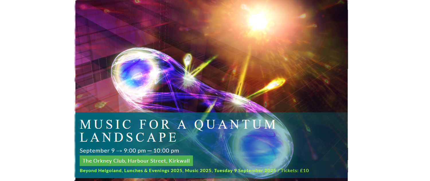 For decoration only. Abstract image, courtesy of Professor Mehul Malik at Heriot-Watt University. The image is a graphic representation of two photons that are bound together against a backdrop of light. At the bottom of the image there is a banner with practical information about the event, including the title, date and venue.